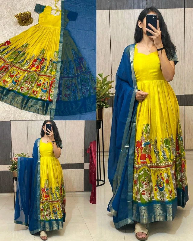 Super trendy reko zari dola silk long gown with georgette dupatta - M, Yellow