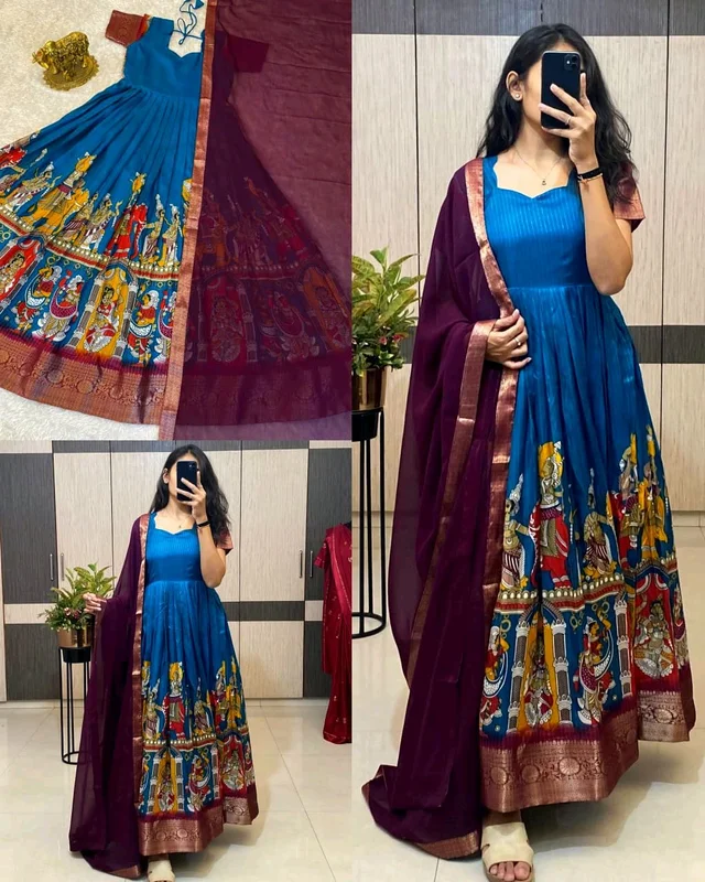 Super trendy reko zari dola silk long gown with georgette dupatta - XL, Blue