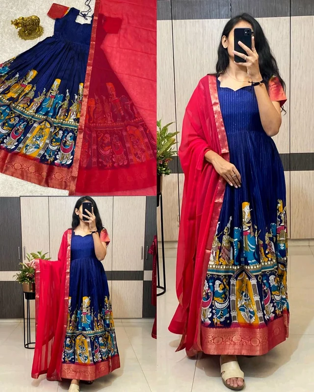 Super trendy reko zari dola silk long gown with georgette dupatta - 3XL, Blue