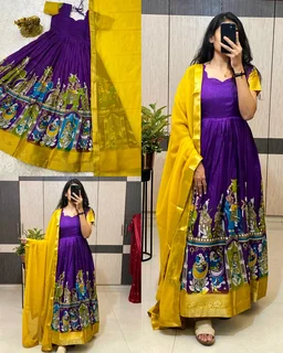 Super trendy reko zari dola silk long gown with georgette dupatta - 3XL, Blue