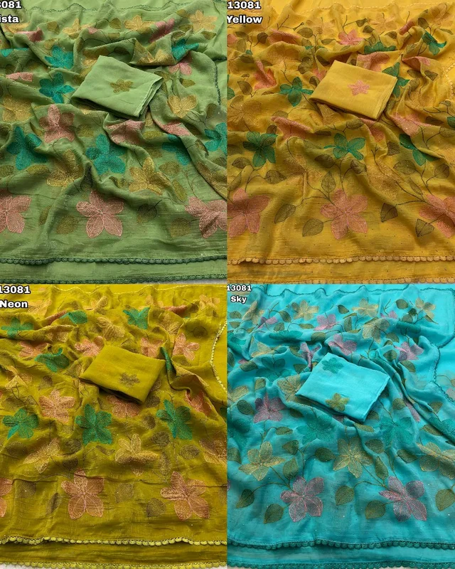 New Arrivals Fancy Floral Design Embroidery Thread Work - Sky Blue