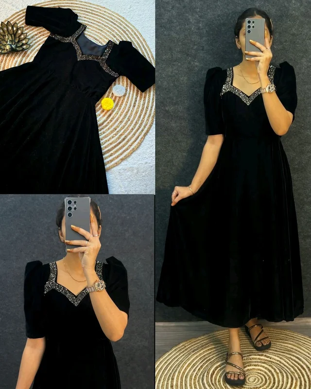Premium 9000 Velvet Fabric with Designer Hand work Gown- A Beautiful Blend Of elegance and Floral Charm For This Wedding and festival - 2XL, Black