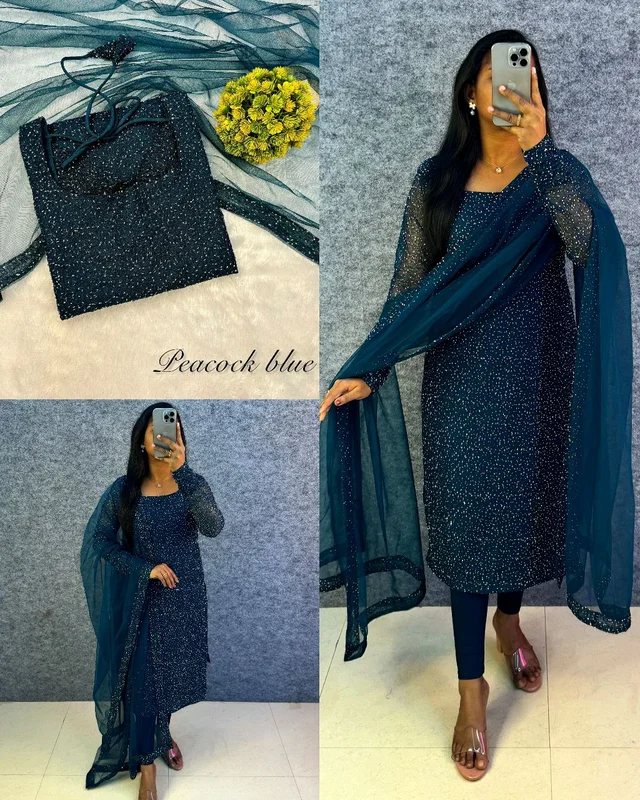 Launching New Designer Party wear kurti with dupatta - M, Peacock Blue