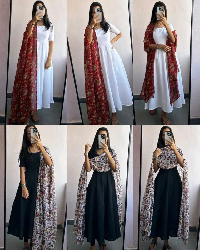 Flared Kurta With Digital Printed Georgette Fabric Dupatta - Black, L