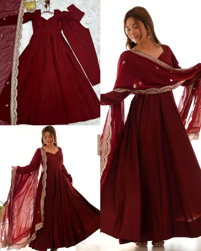 Trendy Beautiful Anarkali Full Set Top, Dupatta & Pant
- M, Maroon