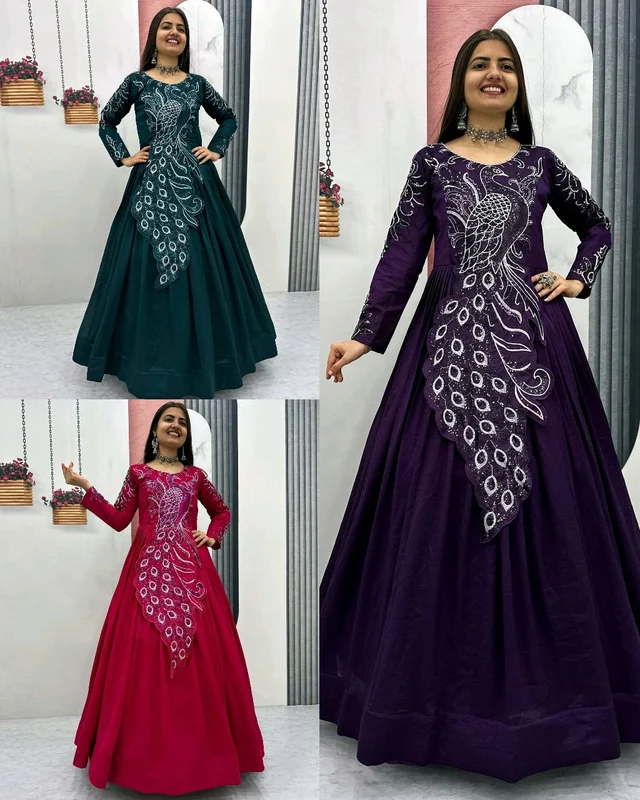 Trendy Bird Design Launching Embroidered Gown - M, Cherry Pie