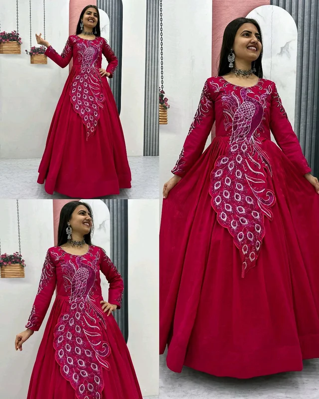 Trendy Bird Design Launching Embroidered Gown - M, Cherry Pie