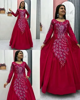 Trendy Bird Design Launching Embroidered Gown - L, Cherry Pie