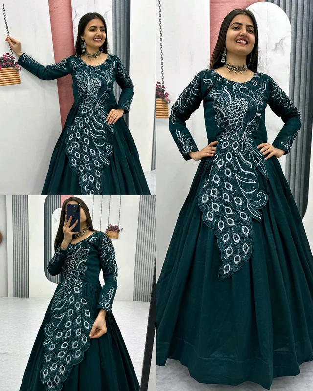 Trendy Bird Design Launching Embroidered Gown - XL, Cherry Pie