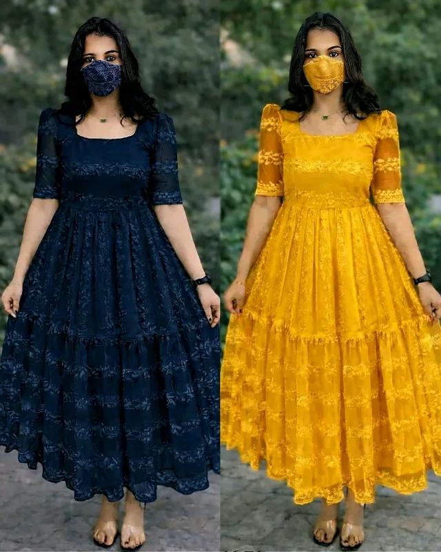 Beautiful Flower Embroidery Party Wear Frock - S, Navy Blue