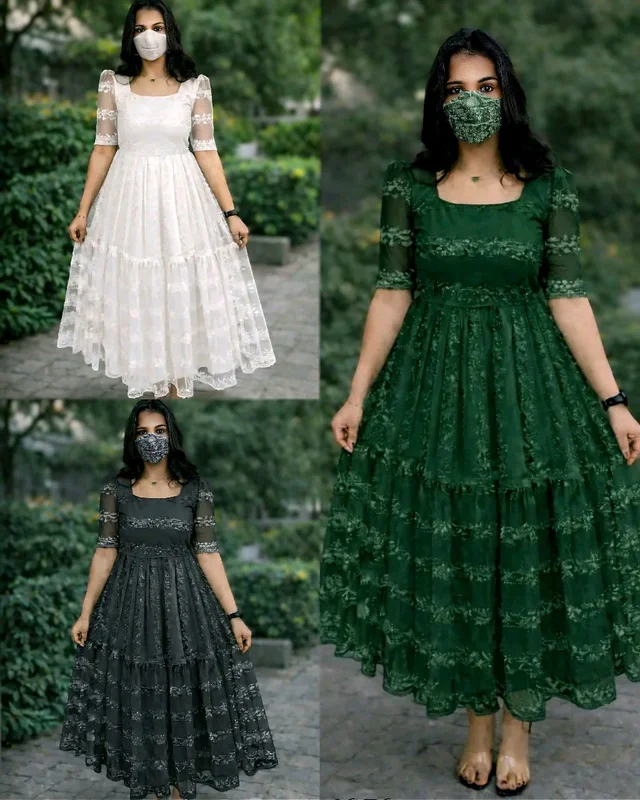 Beautiful Flower Embroidery Party Wear Frock - S, Green