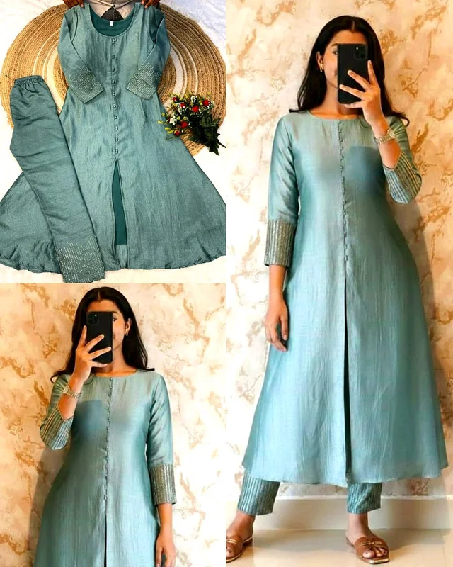 Crafted in luxurious blooming this elegant A-line kurta set is adorned with beautiful sleeve and pant handwork this work highlight rich look of the outfit - S, Jungle Mist