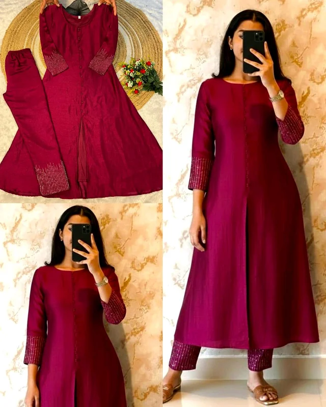 Crafted in luxurious blooming this elegant A-line kurta set is adorned with beautiful sleeve and pant handwork this work highlight rich look of the outfit - S, Jungle Mist