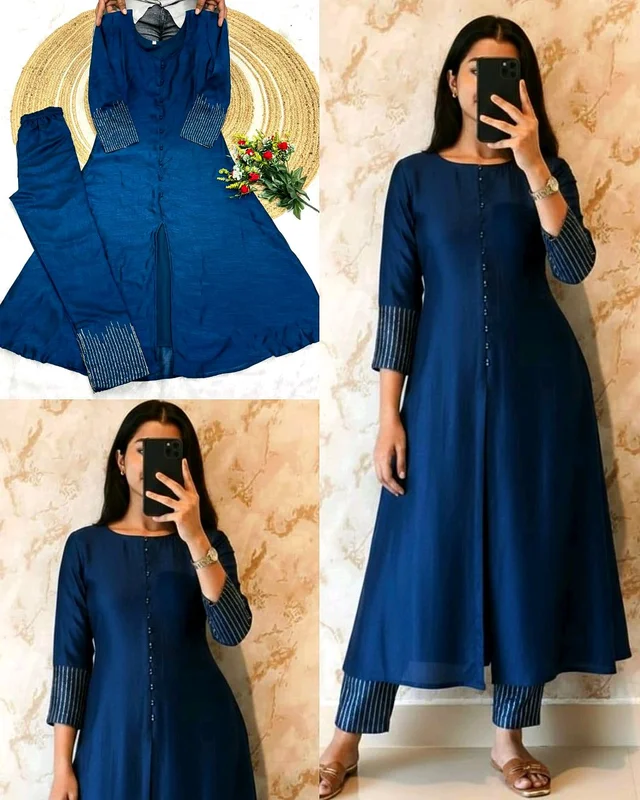 Crafted in luxurious blooming this elegant A-line kurta set is adorned with beautiful sleeve and pant handwork this work highlight rich look of the outfit - S, Dark Blue