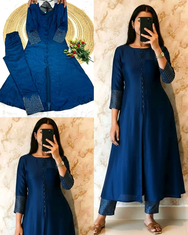 Crafted in luxurious blooming this elegant A-line kurta set is adorned with beautiful sleeve and pant handwork this work highlight rich look of the outfit - 2XL, Dark Blue