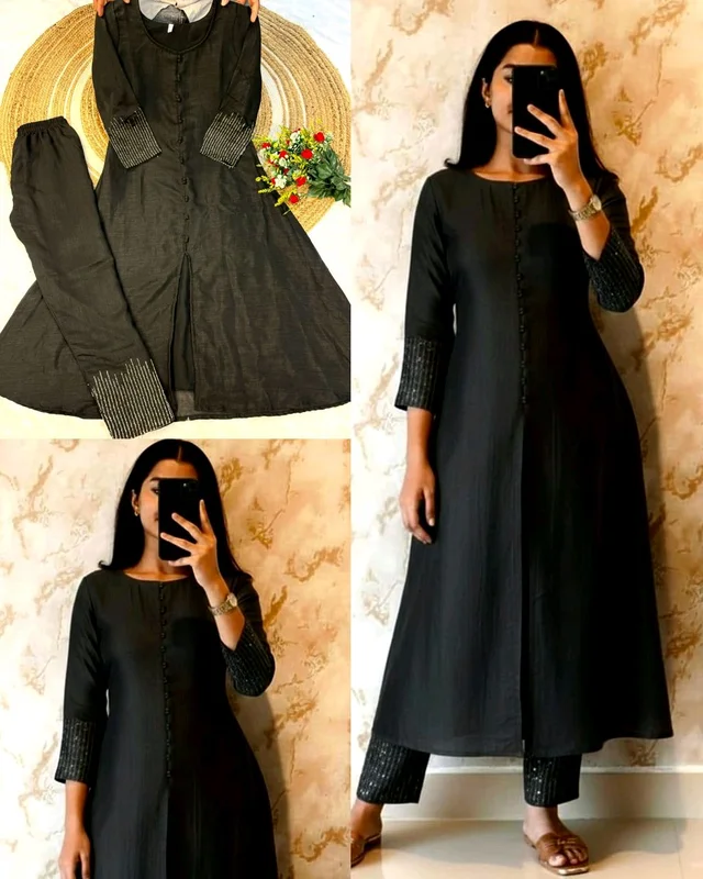 Crafted in luxurious blooming this elegant A-line kurta set is adorned with beautiful sleeve and pant handwork this work highlight rich look of the outfit - 2XL, Black