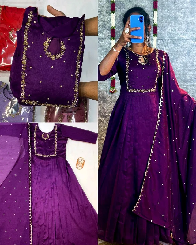 Launching Trendy Handwork Beautiful Neck Pattern Gown With Dupatta - S, Purple