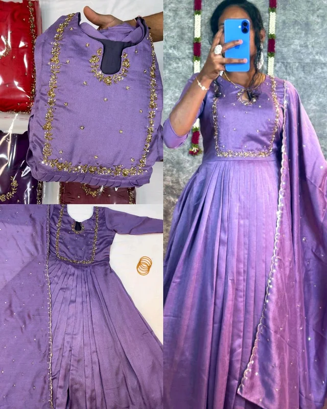 Launching Trendy Handwork Beautiful Neck Pattern Gown With Dupatta - XL, Purple