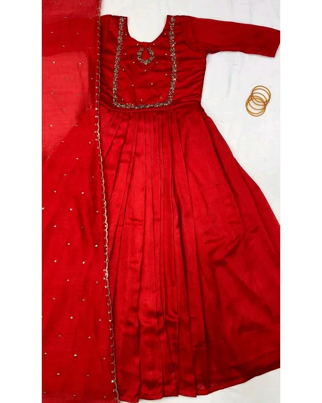 Launching Trendy Handwork Beautiful Neck Pattern Gown With Dupatta - XL, Red