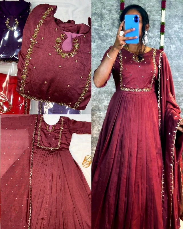 Launching Trendy Handwork Beautiful Neck Pattern Gown With Dupatta - 2XL, Purple