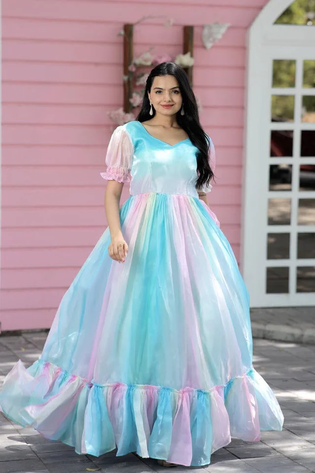 Printed Organza Flared Gown in Sky Blue and Multicolor - 2XL