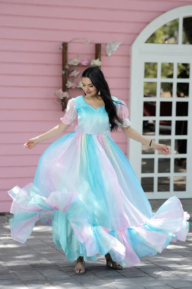 Printed Organza Flared Gown in Sky Blue and Multicolor - 2XL