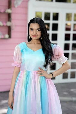 Printed Organza Flared Gown in Sky Blue and Multicolor - 2XL
