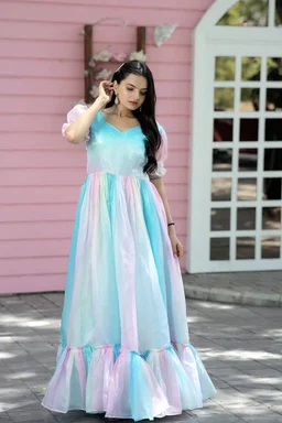 Printed Organza Flared Gown in Sky Blue and Multicolor - 2XL