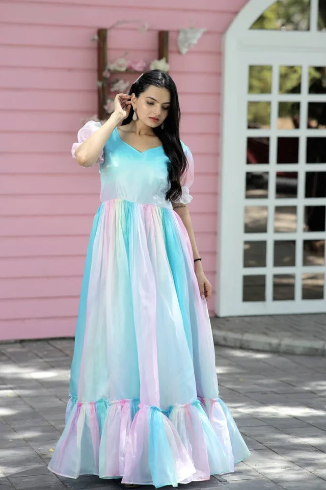Printed Organza Flared Gown in Sky Blue and Multicolor - 2XL