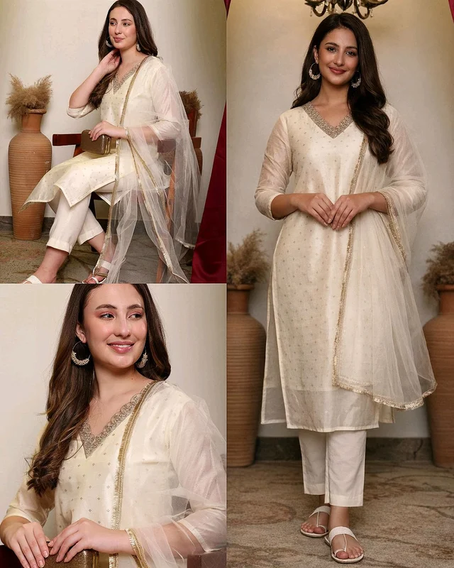 Beautiful Designer Kurti Pant With Duppata - M, Cream