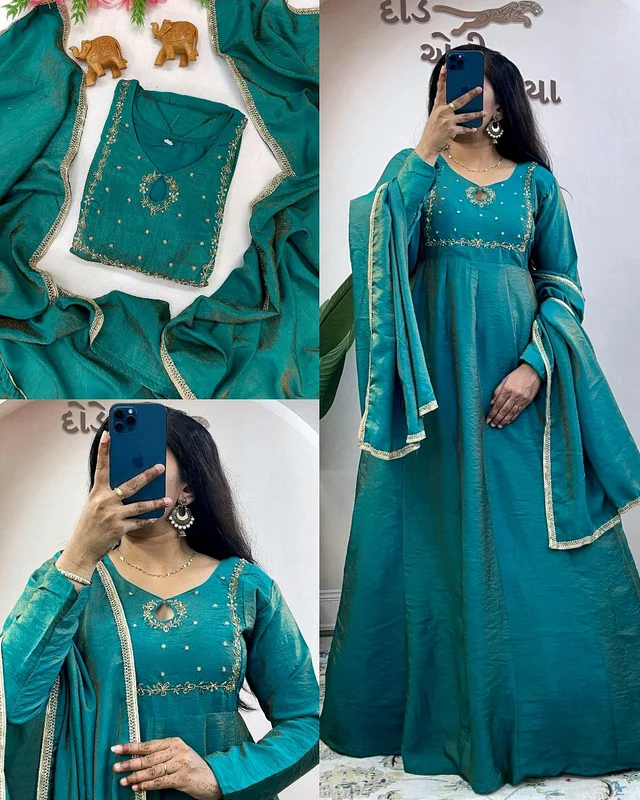 Beautiful Designer Ethnic Gown With Dupatta - L, Teal