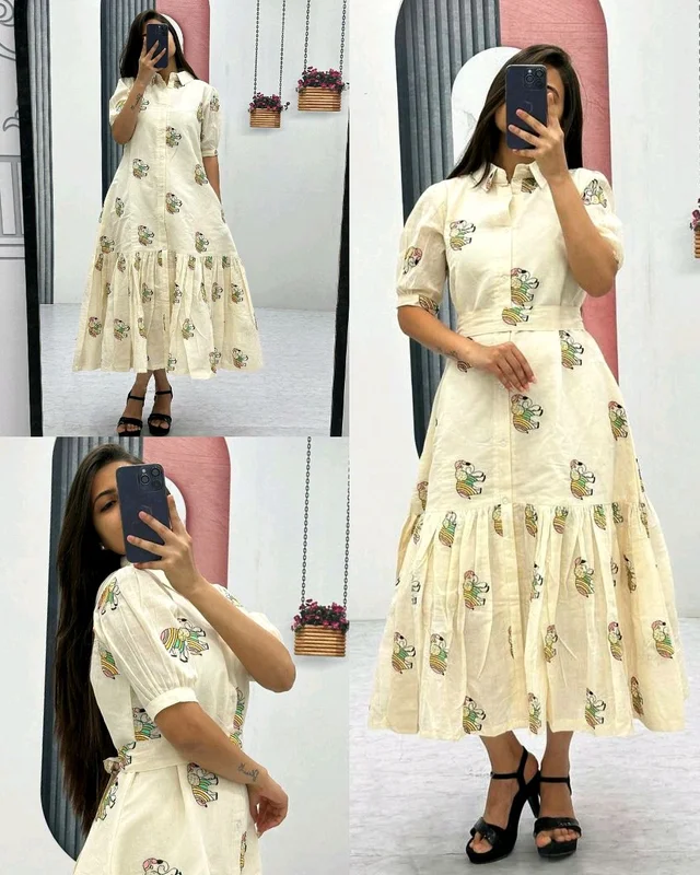 Trendy Launching Cotton Frock side pocket with Belt - L