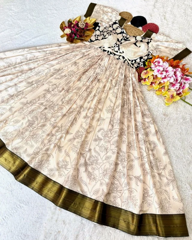 Launching Top Trending Beautiful Soft Dola Silk Kalamkari Gown A touch of glamour and elegance to your look For Festive Season - M, White