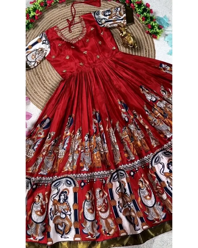 Launching Top Trending Beautiful Soft Dola Silk Kalamkari Gown A touch of glamour and elegance to your look For Festive Season - M, White