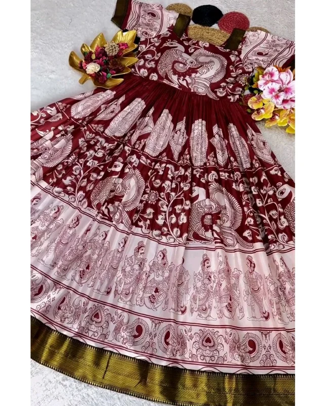 Launching Top Trending Beautiful Soft Dola Silk Kalamkari Gown A touch of glamour and elegance to your look For Festive Season - M, White