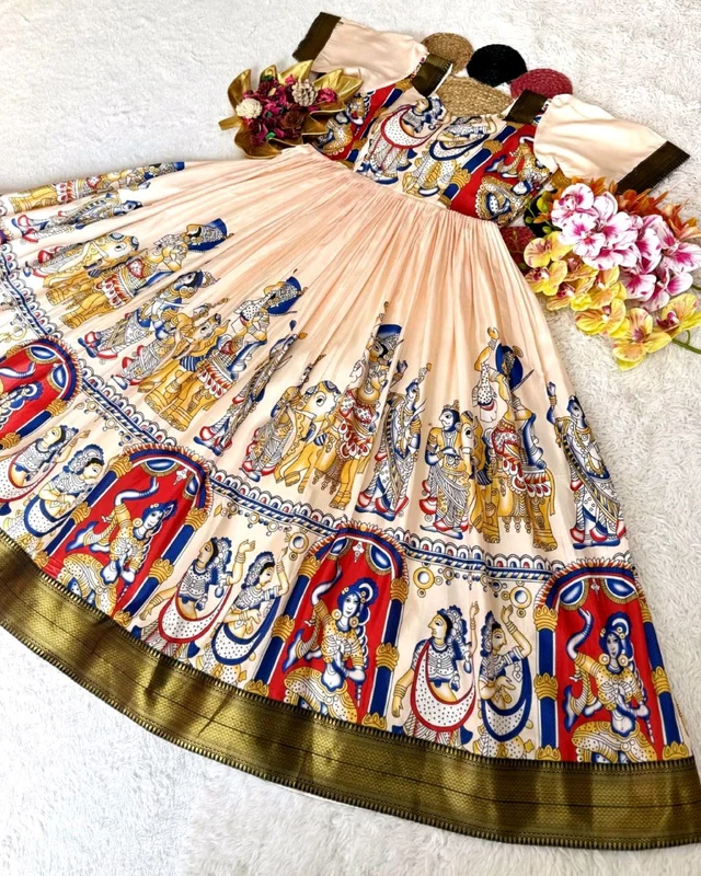 Launching Top Trending Beautiful Soft Dola Silk Kalamkari Gown A touch of glamour and elegance to your look For Festive Season - 2XL, Cream