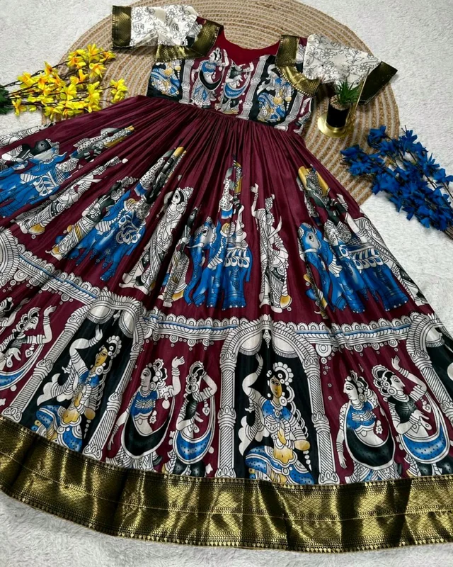 Launching Top Trending Beautiful Soft Dola Silk Kalamkari Gown A touch of glamour and elegance to your look For Festive Season - 2XL, Pompadour