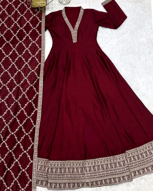PRESENTING NEW HIGH END PREMIUM QUALITY PURE BLOOMING VICHITRA SILK FABRIC FULLY FLARE GOWN,WITH DUPPTA SET - 2XL, Maroon