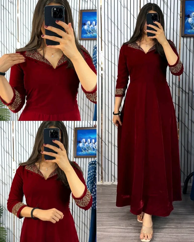 Premium 9000 Velvet Fabric with Designer Hand work Gown- A Beautiful Blend Of elegance and Floral Charm For This Wedding and festival - M, Maroon