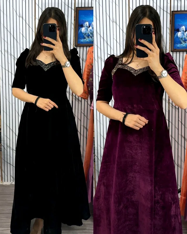 Premium 9000 Velvet Fabric with Designer Hand work Gown- A Beautiful Blend Of elegance and Floral Charm For This Wedding and festival - L, Purple