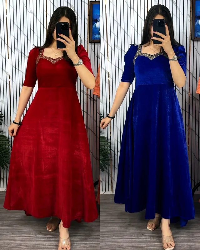 Premium 9000 Velvet Fabric with Designer Hand work Gown- A Beautiful Blend Of elegance and Floral Charm For This Wedding and festival - 2XL, Blue