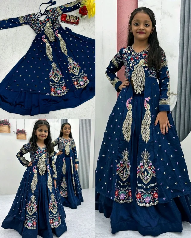 Launching Trendy Peacock Design Festival Special Crop Top with Shrug - 7 to 8 Age, Pigment Indigo
