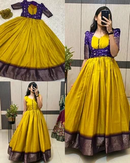 Trendy Special Long Gown with Koti - S, Purple With Yellow