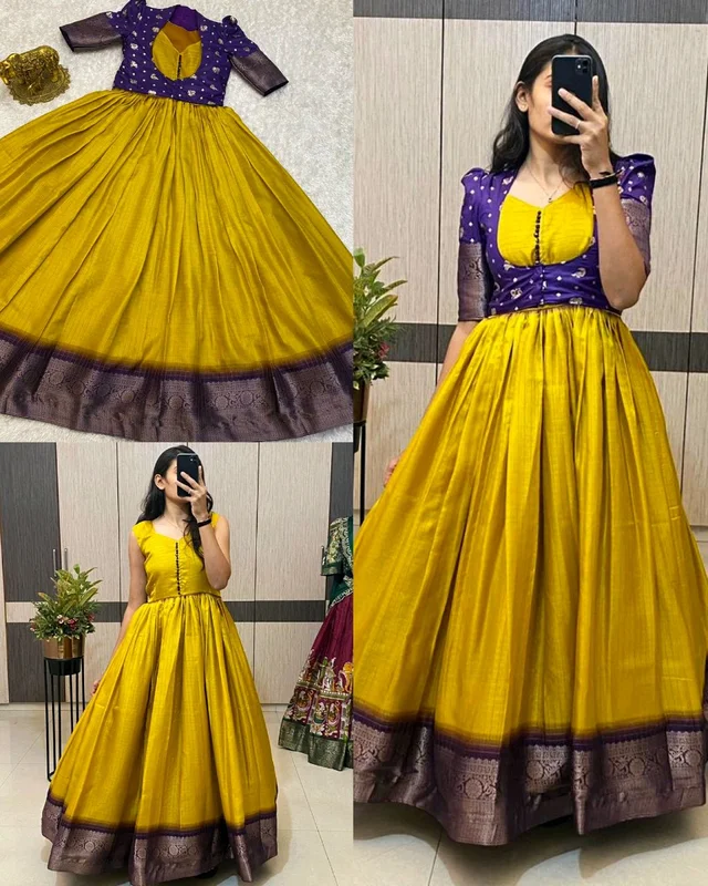 Trendy Special Long Gown with Koti - S, Purple With Yellow