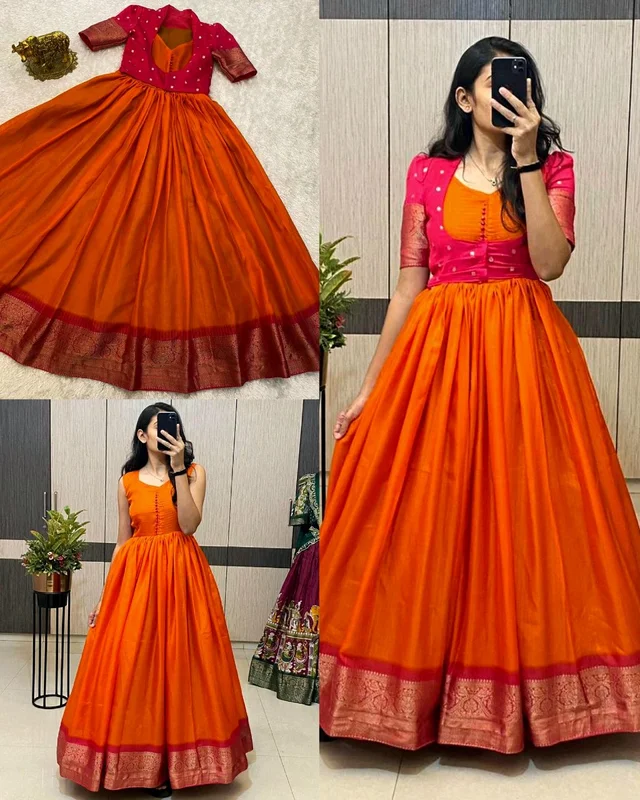 Trendy Special Long Gown with Koti - M, Purple With Yellow