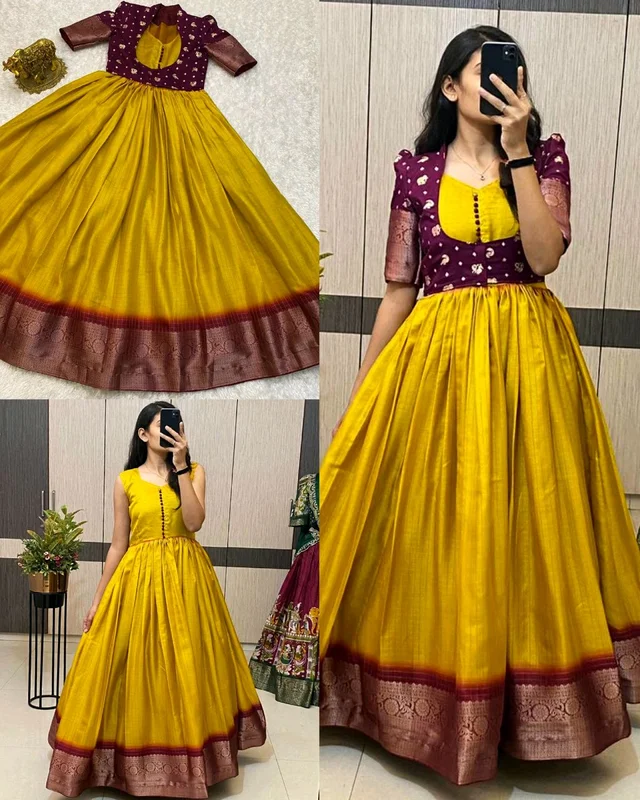 Trendy Special Long Gown with Koti - 3XL, Purple With Yellow
