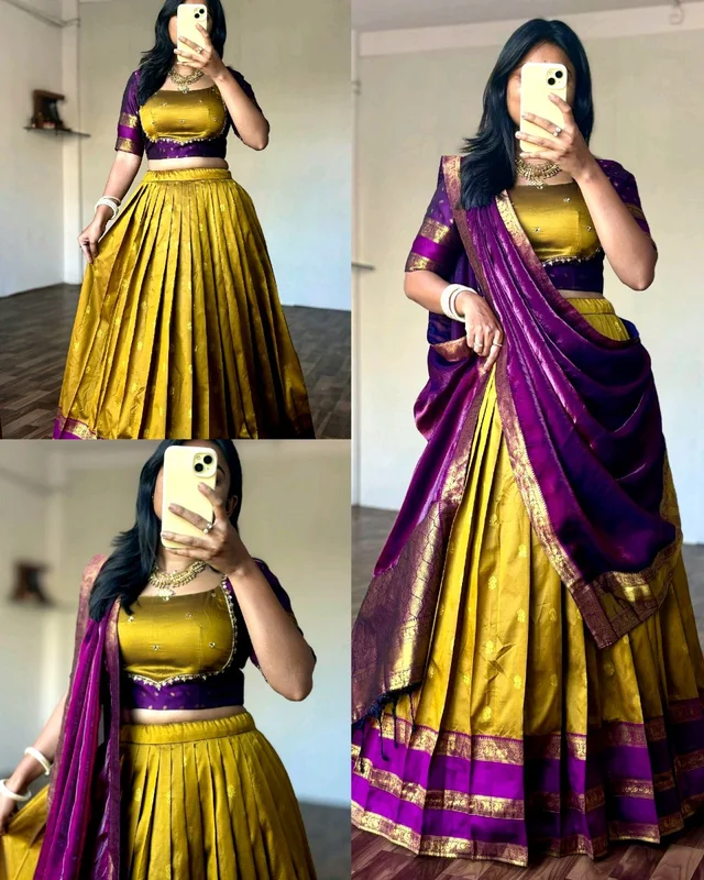 Royal Mustard & Purple Maggam Work Lehenga Set - L