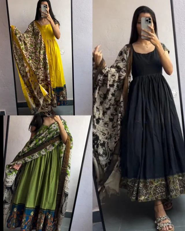 Cotton Kurti Gown with full Side Banarasi Border dupattaGOWN+DUPATTA SET - Black, L