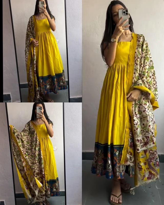 Cotton Kurti Gown with full Side Banarasi Border dupattaGOWN+DUPATTA SET - Yellow, L