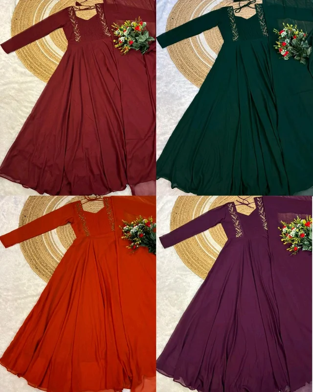 Faux Georgette gown with beautiful hand work.the yoke part fully designed for pintucks work - L, Green